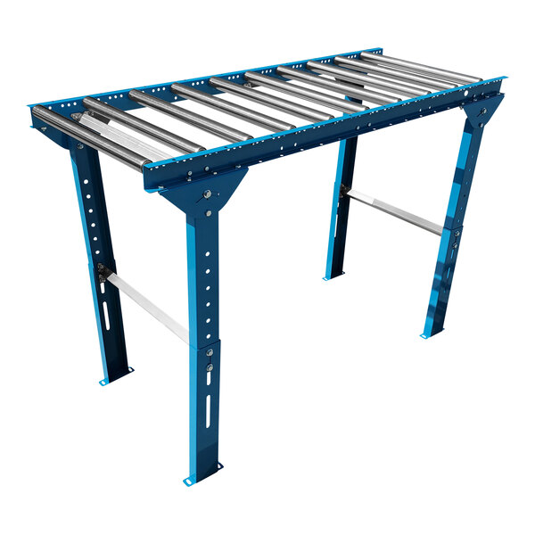 A blue metal Lavex gravity conveyor with metal rollers and legs.