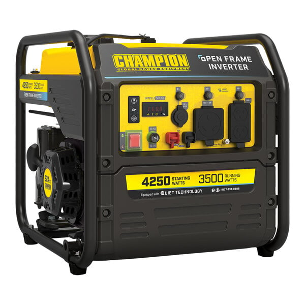A close-up of a black and yellow Champion generator.