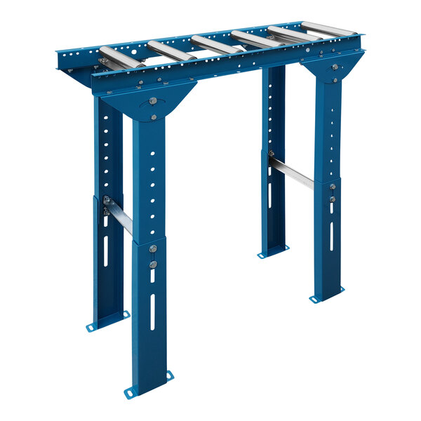 A blue metal structure with metal rollers and bars.