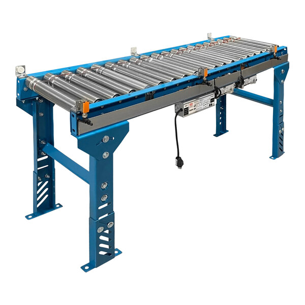 A Lavex roller conveyor with blue legs and a blue frame.