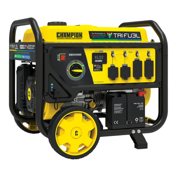 A yellow and black Champion portable generator with wheels.