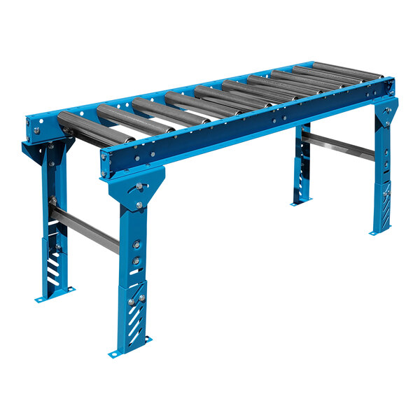 A blue roller conveyor with galvanized steel rollers and legs.