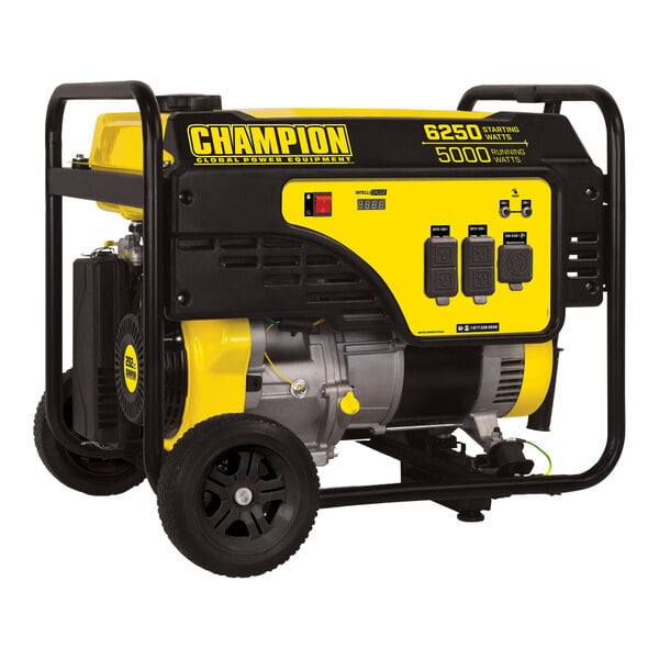 A yellow and black Champion portable generator with wheel kit.