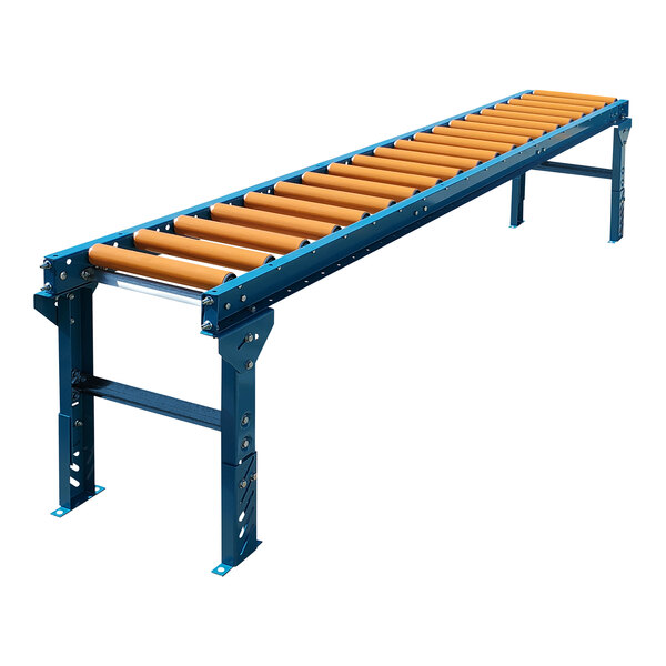 A blue roller conveyor with orange rollers and legs.