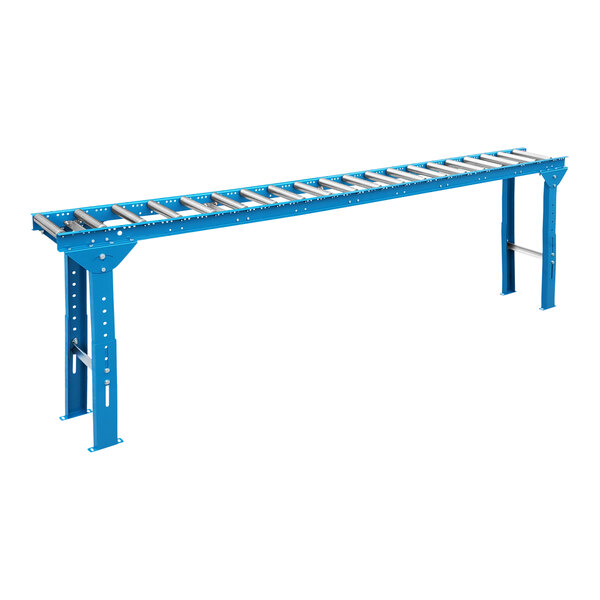 A blue metal Lavex roller conveyor with galvanized steel rollers.