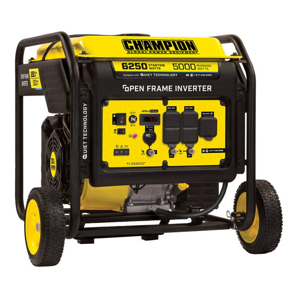 A yellow and black Champion portable generator with wheel kit.
