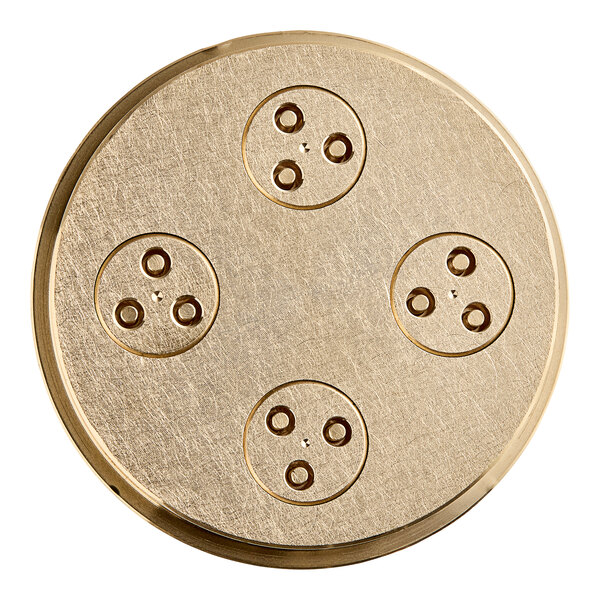 A circular gold Estella Bucatini pasta die with holes.