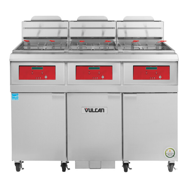 Vulcan 3VHG50DF-NAT QuickFry Series 150 lb. Natural Gas 3 Unit Floor Fryer with Digital Controls and KleenScreen PLUS Filtration System - 225,000 BTU