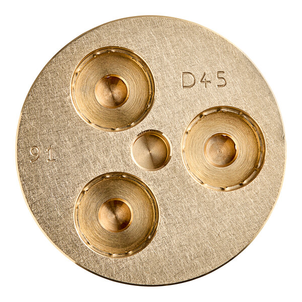 A circular brass Estella pasta die with three holes in it.