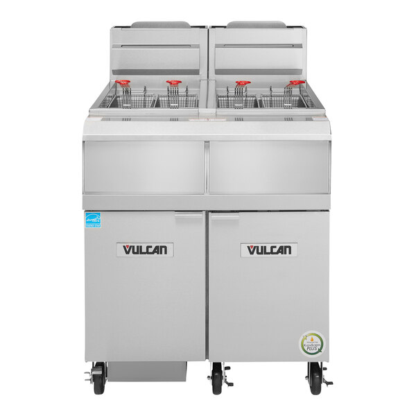 A large Vulcan liquid propane floor fryer with two drawers.
