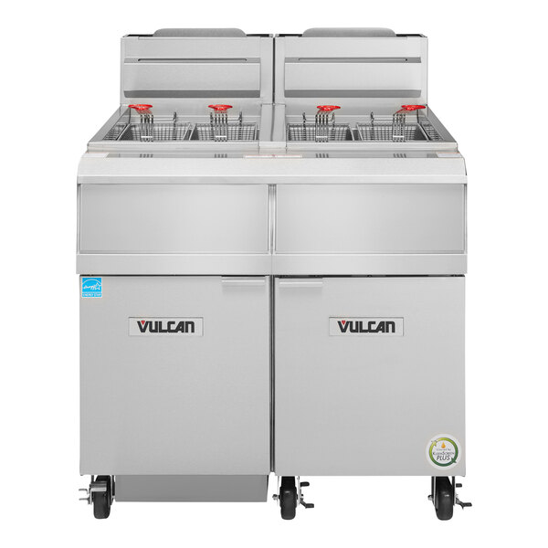 A Vulcan QuickFry series commercial floor fryer with 2 units and oil filtration.