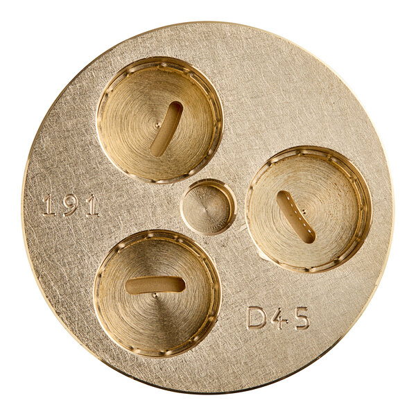 A circular brass Estella gnocchi pasta die with three holes in it.
