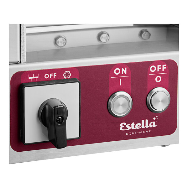 A red and white Estella countertop pasta extruder machine with a screw.
