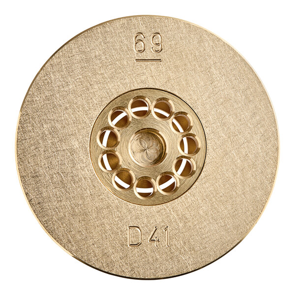 A gold circular brass disc with holes in it.