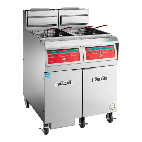 A Vulcan QuickFry natural gas floor deep fryer with computer controls and two baskets.
