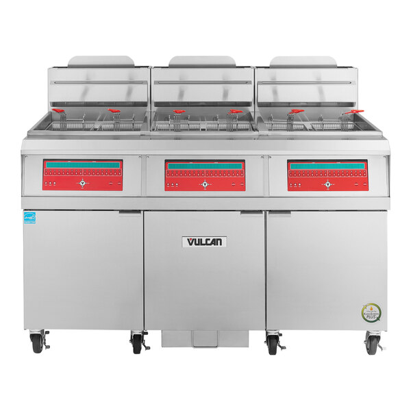 Vulcan 3VHG75CF-NAT QuickFry Series 225 lb. Natural Gas 3 Unit Floor Fryer with Computer Controls and KleenScreen PLUS Filtration System - 330,000 BTU