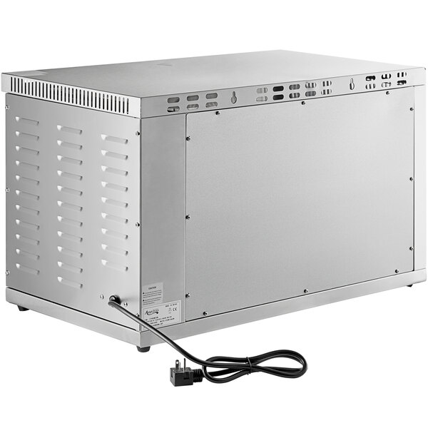 An Avantco silver rectangular cheese melter with a black power cord.