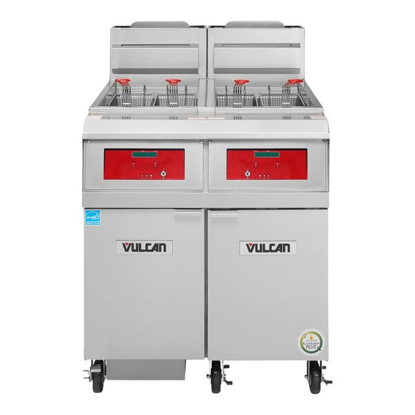 A large Vulcan floor fryer with red handles.
