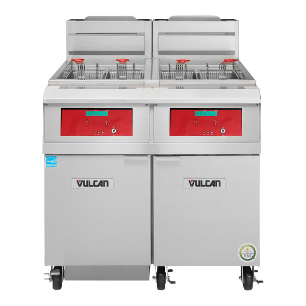 A large commercial Vulcan floor fryer with red drawers and digital controls.