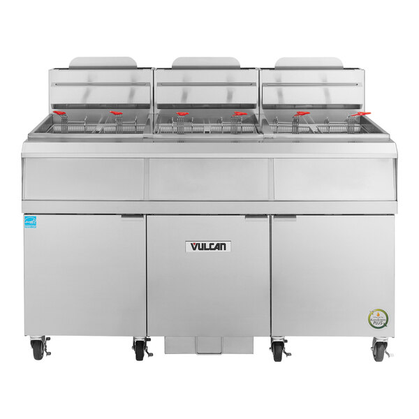 Vulcan 4VHG75AF-NAT QuickFry Series 300 lb. Natural Gas 4 Unit Floor Fryer with Analog Controls and KleenScreen PLUS Filtration System - 440,000 BTU