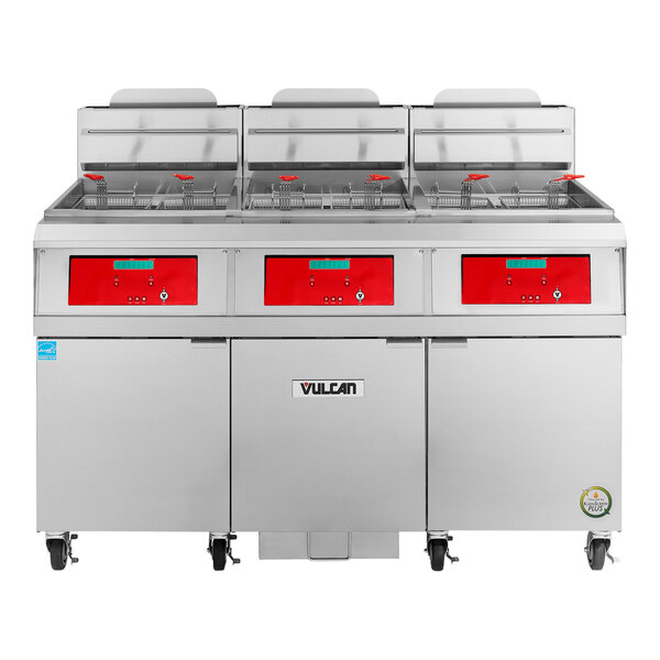Vulcan 3VHG75DF-NAT QuickFry Series 225 lb. Natural Gas 3 Unit Floor Fryer with Digital Controls and KleenScreen PLUS Filtration System - 330,000 BTU