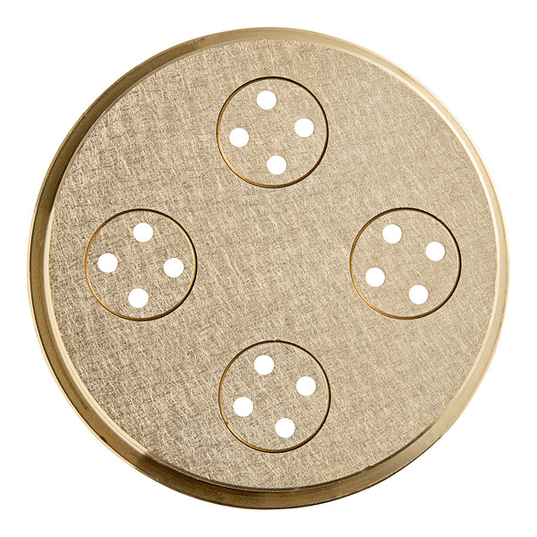 A circular metal Bigoli pasta die with holes.