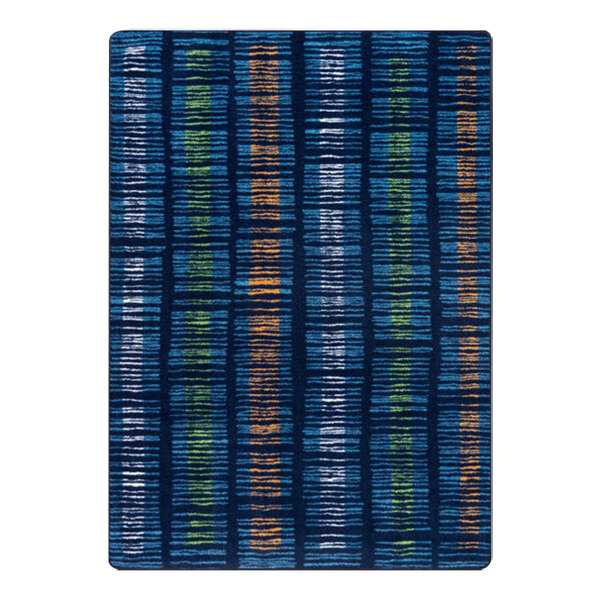 A close-up of a blue and orange striped rug.