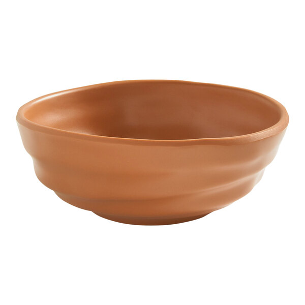 An American Metalcraft Marra brown melamine bowl with wavy edges.