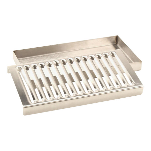A stainless steel drip tray grate with six holes.