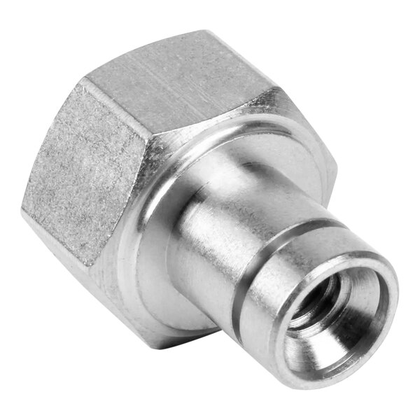 A silver metal nut with a stainless steel threaded connector.