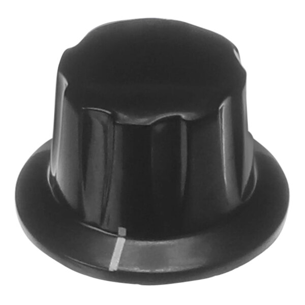 A close up of a black plastic knob with a white line.