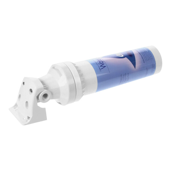 A white plastic water filter assembly with a blue handle.
