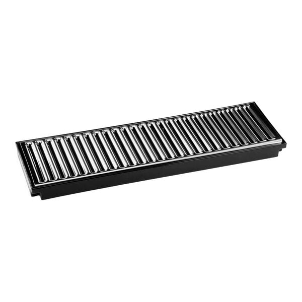 A black rectangular plastic drip tray with a metal grate.