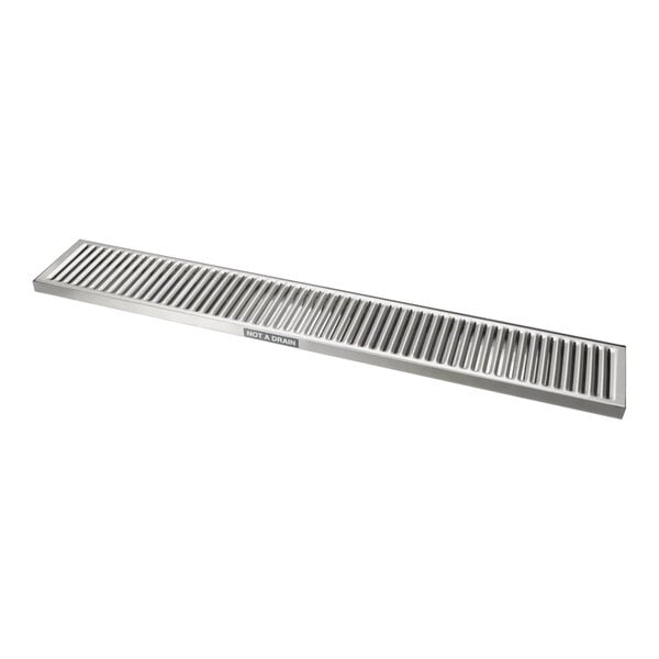 A metal drain grate with a long handle and vent holes.