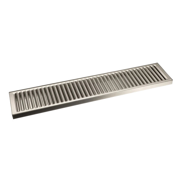 A stainless steel drip tray with a metal vent and drain holes.