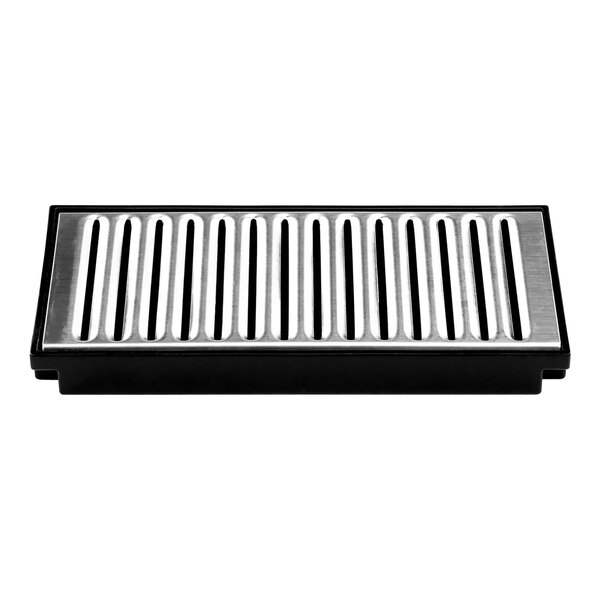 A black and silver rectangular plastic drip tray with a metal grate on top with white stripes.