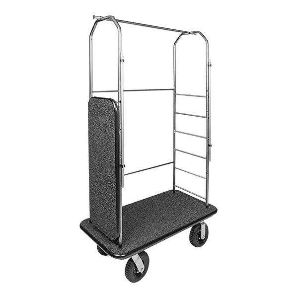 A rectangular stainless steel luggage cart with black carpet and pneumatic casters.