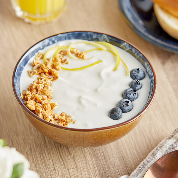 A bowl of Pequea Valley Farm lemon yogurt with blueberries and granola.