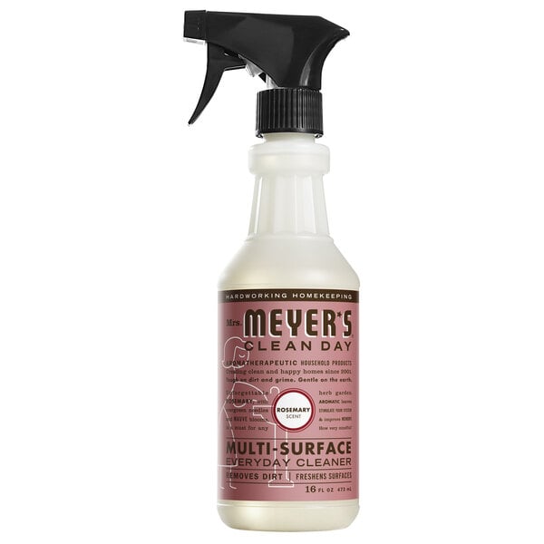 A white Mrs. Meyer's Clean Day bottle with a black sprayer on a counter.