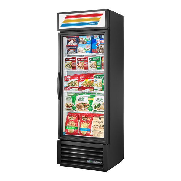 A True glass door merchandiser freezer with different types of food inside.