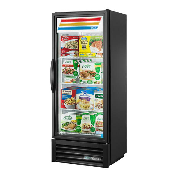 A True GDM-12F-HC Glass Door Merchandiser Freezer full of food.