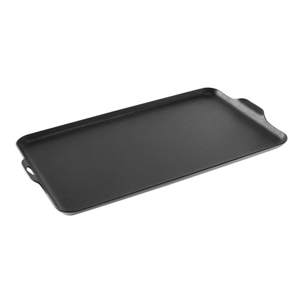 A black rectangular Nordic Ware griddle and grill pan with handles.