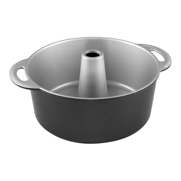 A black and silver Nordic Ware Angel Food Cake pan with a metal base.