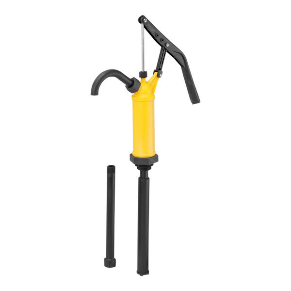 A yellow and black New Pig Polypropylene Lever Action Drum Pump with a hose.
