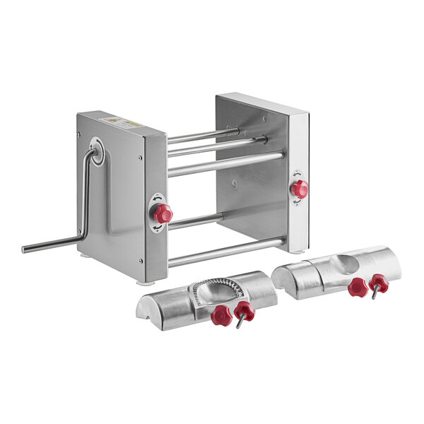A stainless steel Estella manual turnover machine with red knobs.