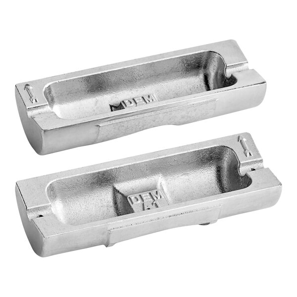 Two metal plates with a semi-circle metal object on them.