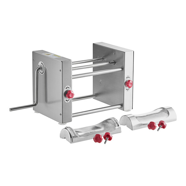 A stainless steel Estella manual turnover machine with red knobs.