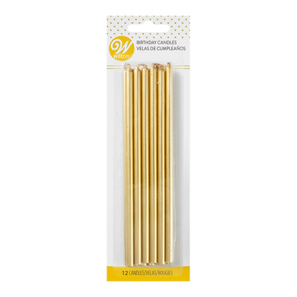 A pack of 12 Wilton tall metallic gold candles.