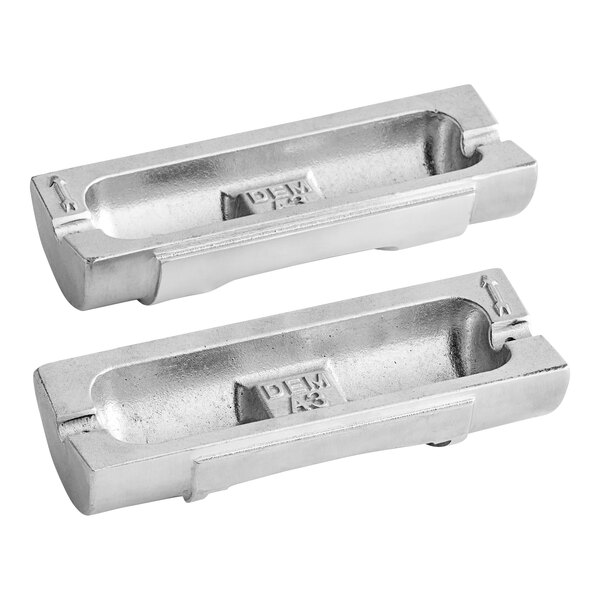 Two silver metal semi-circle dies for Estella dough preparation equipment.