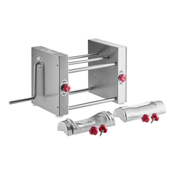 A stainless steel Estella manual turnover machine with red knobs.